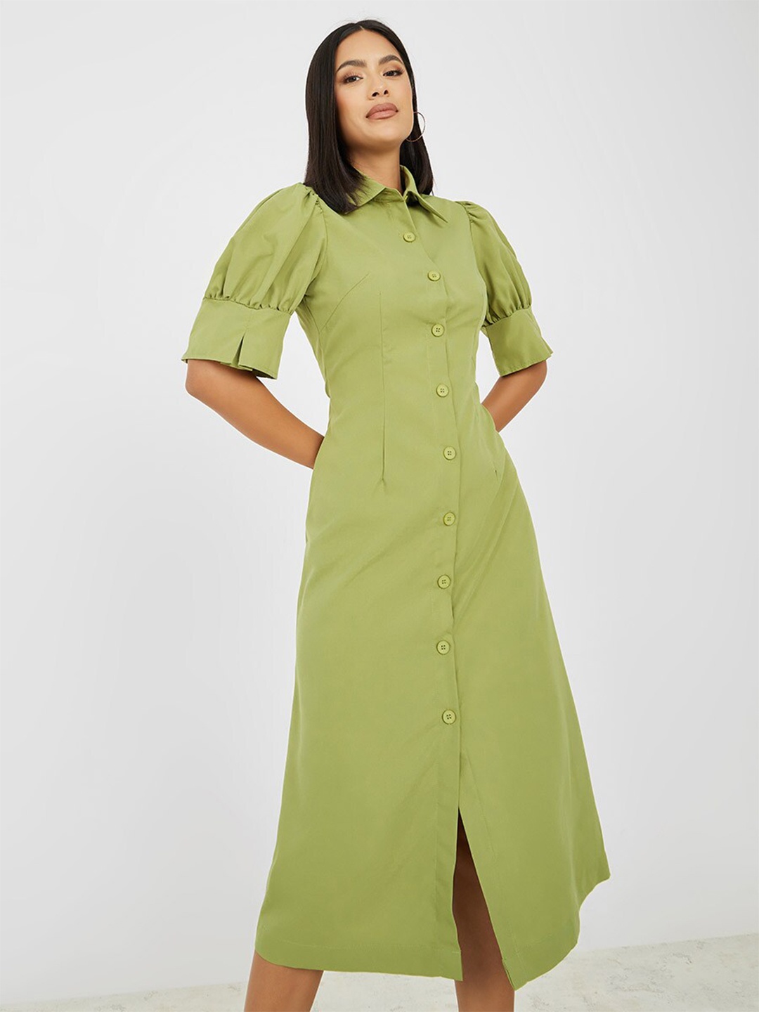 

Styli Puff Sleeves Shirt Midi Dress, Olive