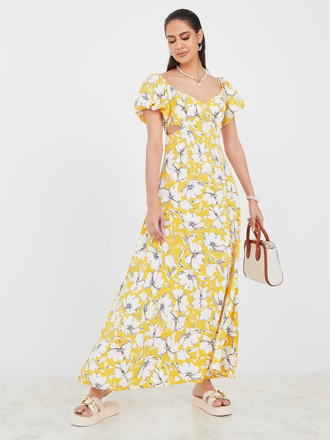 

Styli Floral Printed Square Neck Puff Sleeves Cut-Out Maxi Dress, Yellow