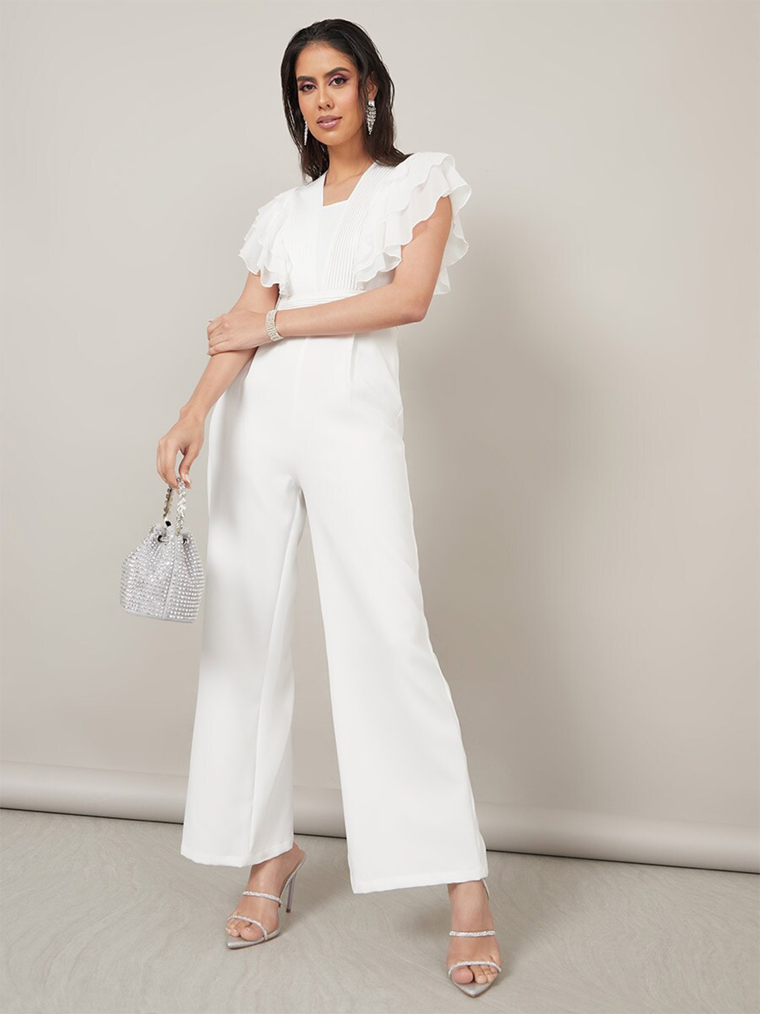 

Styli Pleated Basic Jumpsuit with Ruffles, White
