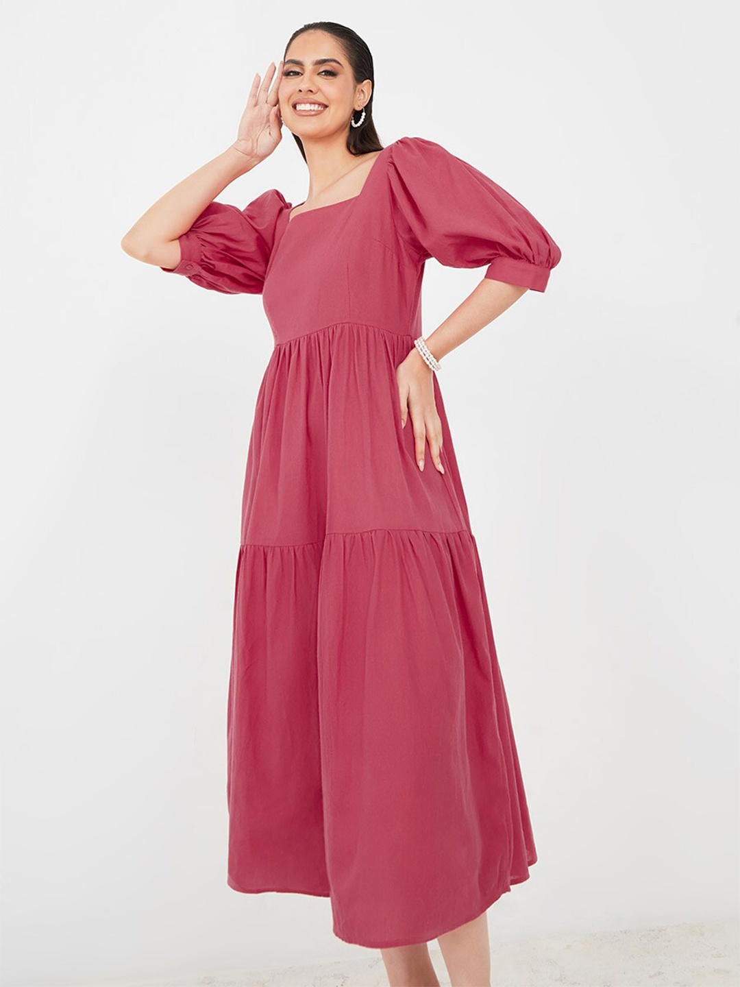 

Styli Square Neck Puff Sleeves Cotton Fit & Flare Midi Dress, Red