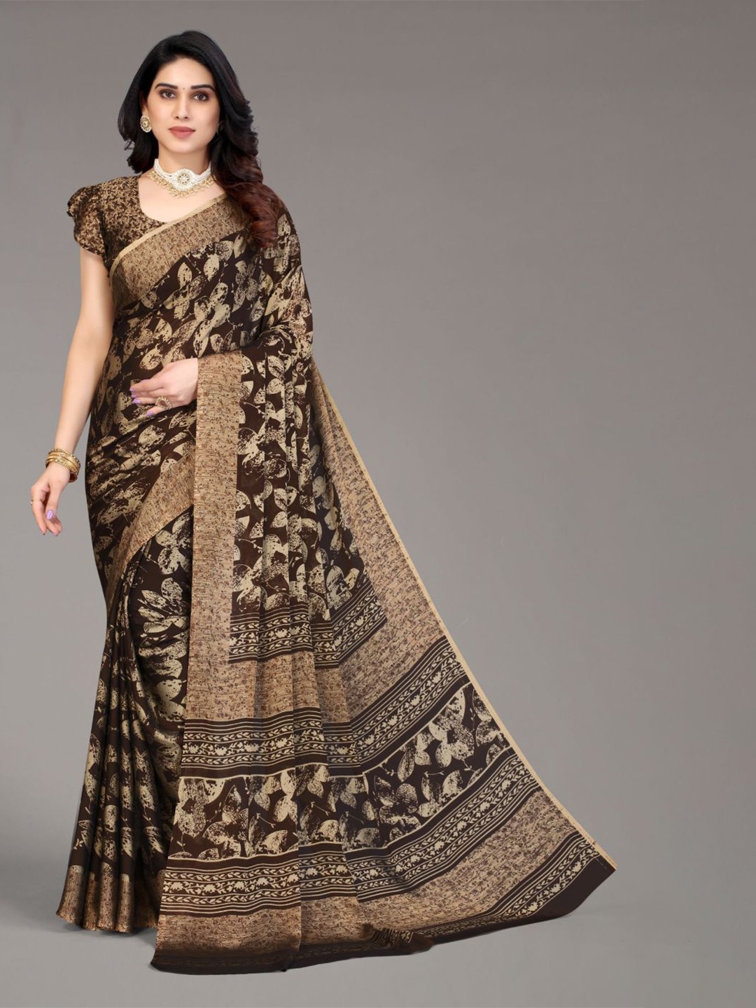 

FABMORA Floral Printed Saree, Brown