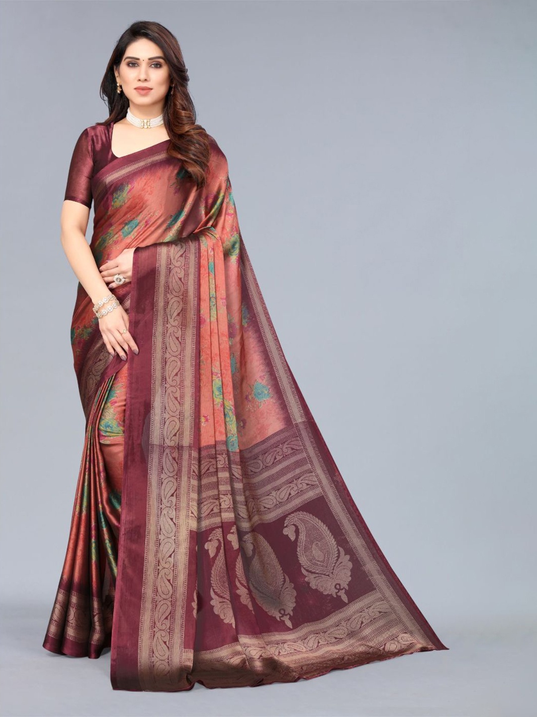

FABMORA Zari Floral Printed Saree, Pink