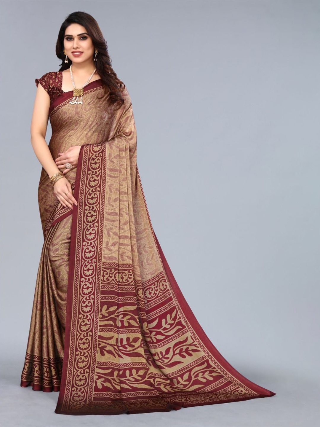 

FABMORA Floral Printed Saree, Maroon