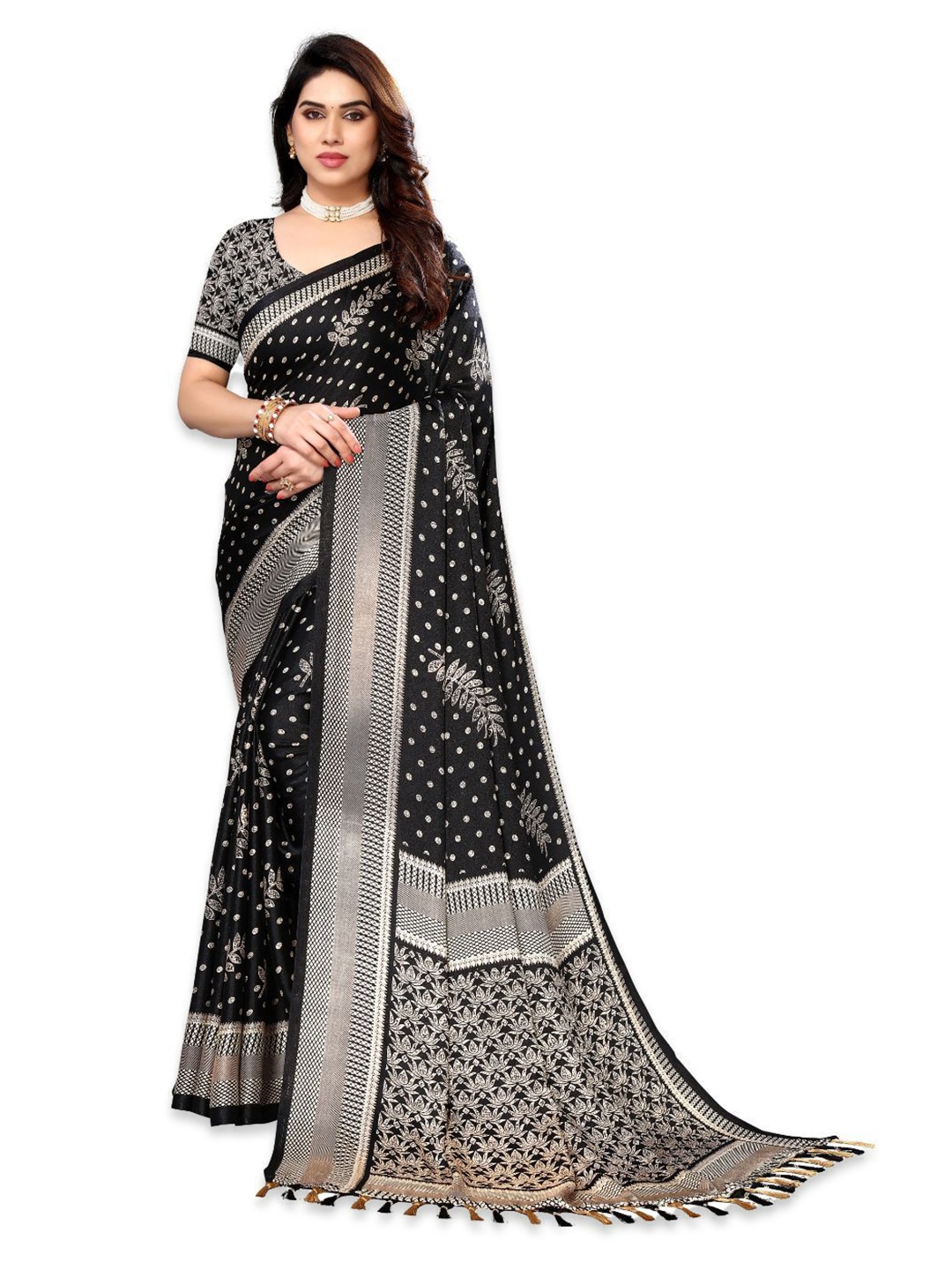 

FABMORA Ethnic Motifs Printed Pure Chiffon Saree, Black