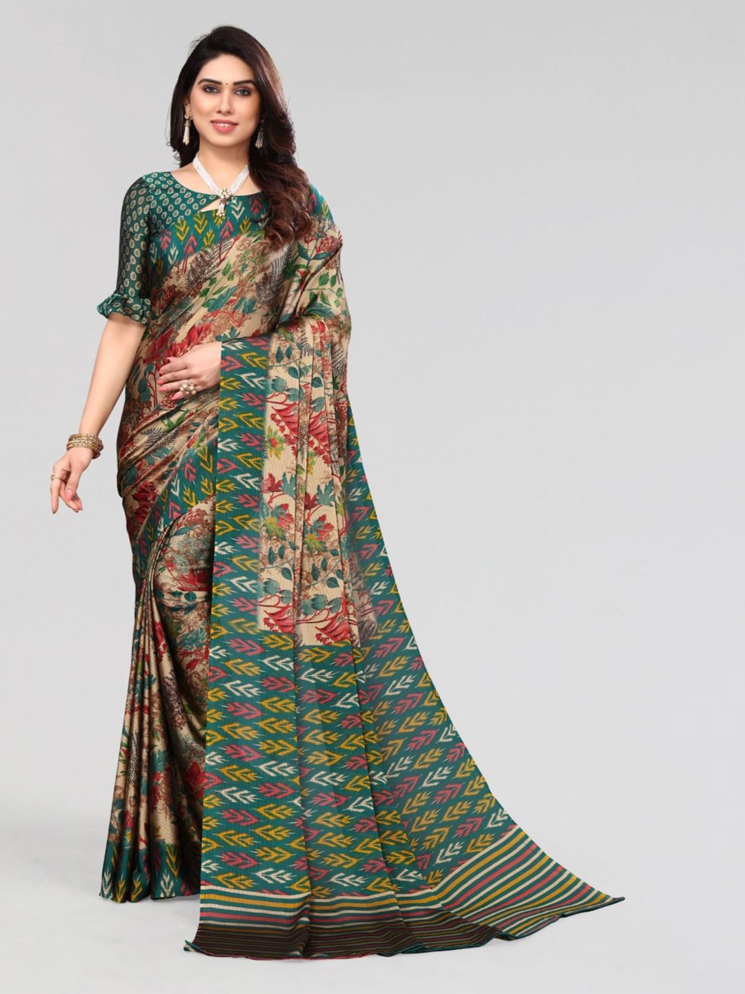 

FABMORA Floral Printed Saree, Green