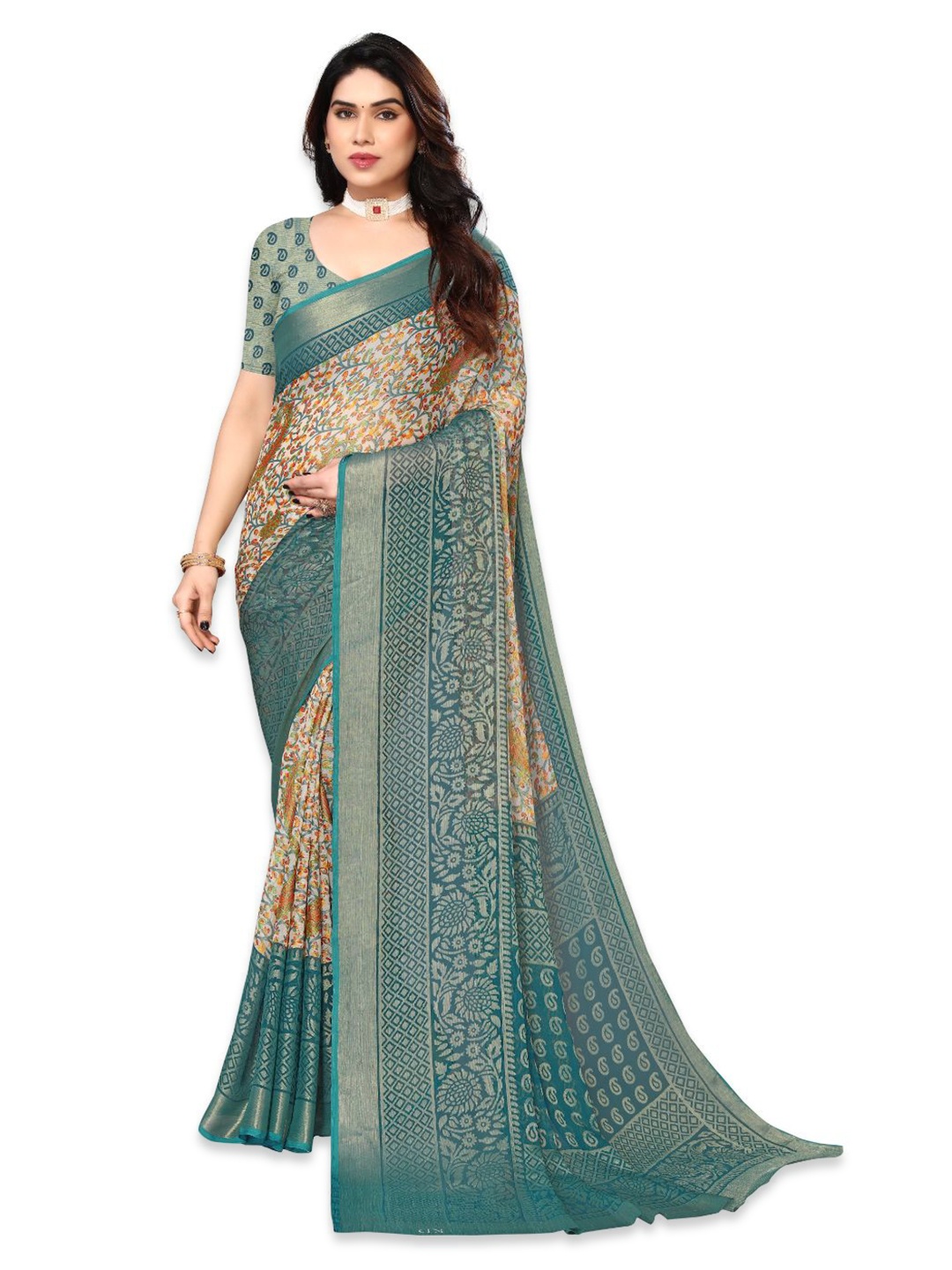 

FABMORA Ethnic Motifs Pure Chiffon Printed Saree, Blue