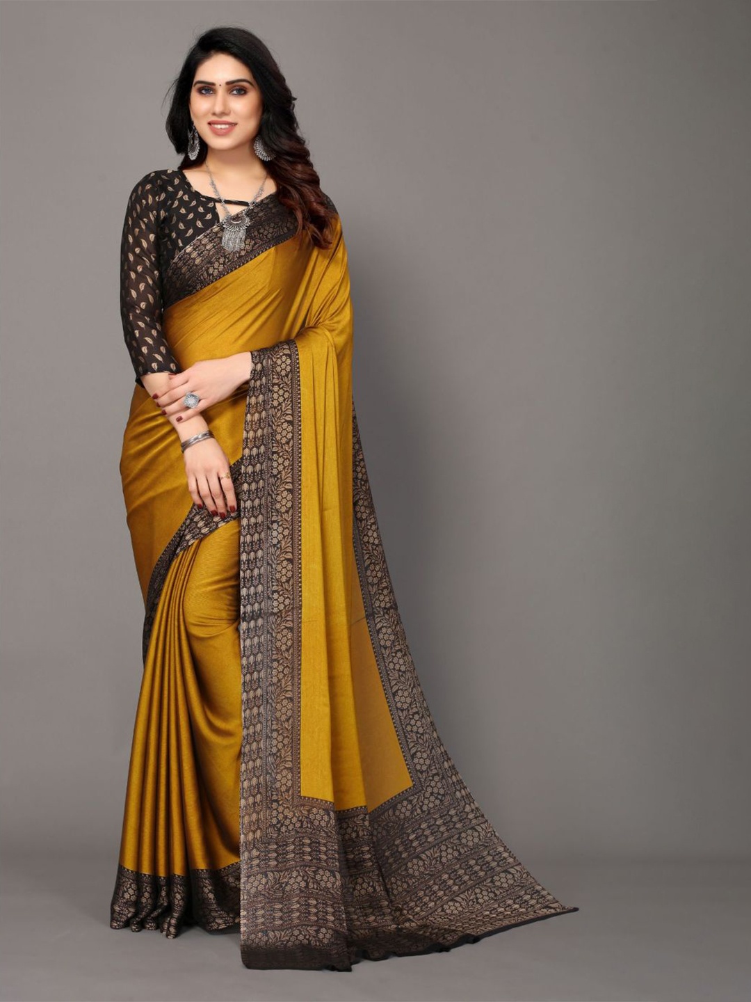 

FABMORA Printed Poly Chiffon Saree, Mustard