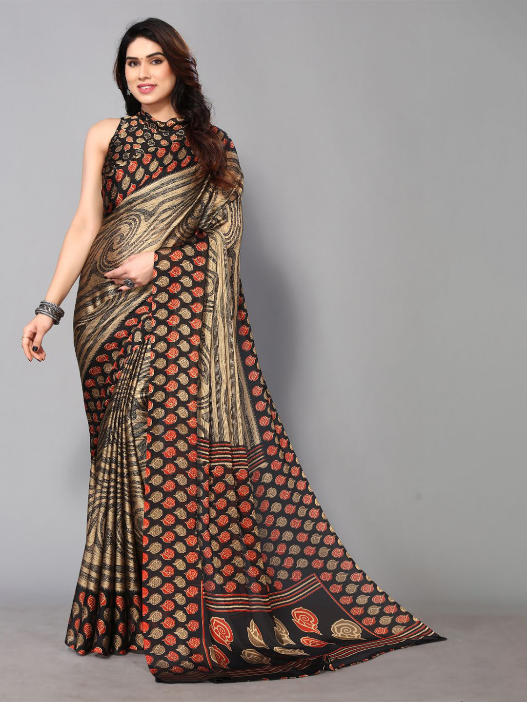 

FABMORA Floral Printed Poly Chiffon Saree, Black