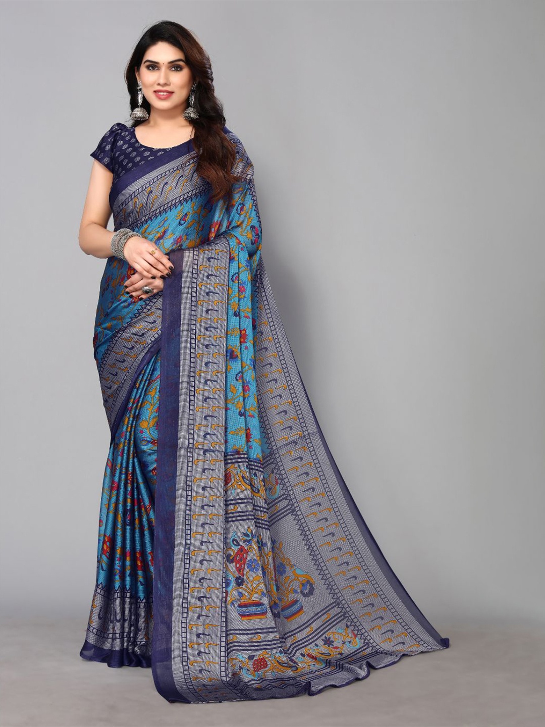 

FABMORA Ethnic Motifs Printed Poly Chiffon Saree, Blue