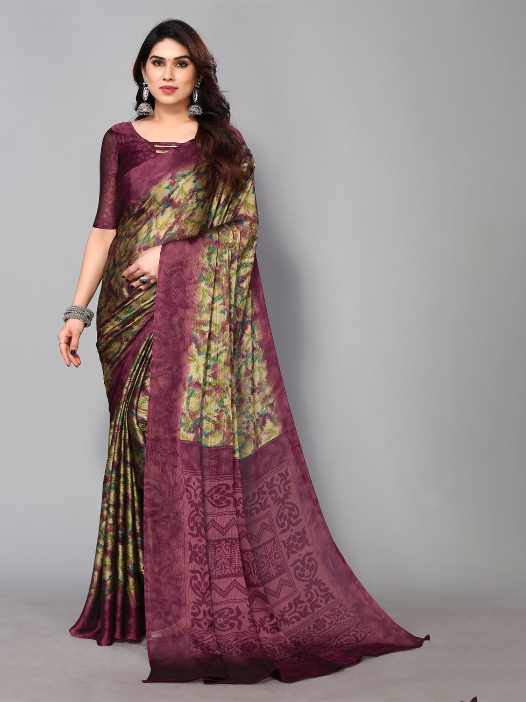 

FABMORA Floral Printed Poly Chiffon Saree, Purple