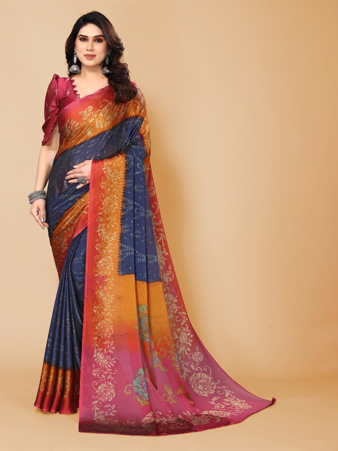 

FABMORA Ethnic Motifs Printed Poly Chiffon Saree, Blue