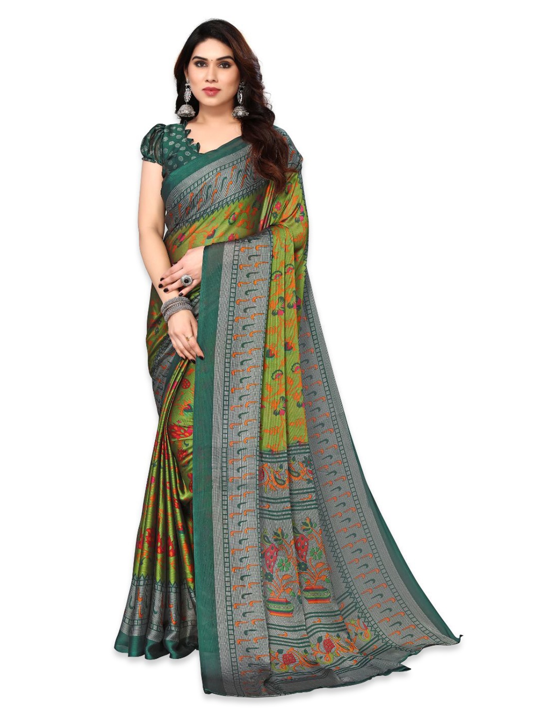 

FABMORA Floral Printed Poly Chiffon Saree, Green