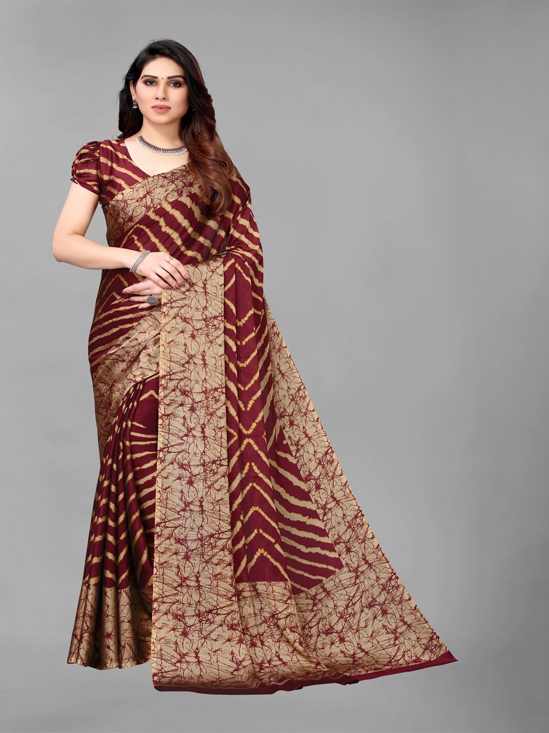 

FABMORA Striped Poly Chiffon Saree, Maroon