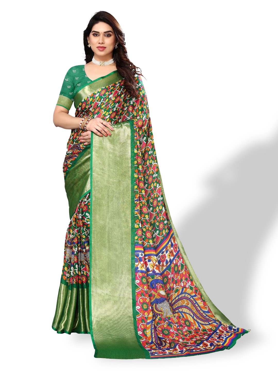 

FABMORA Ethnic Motifs Printed Zari Pure Chiffon Saree, Green