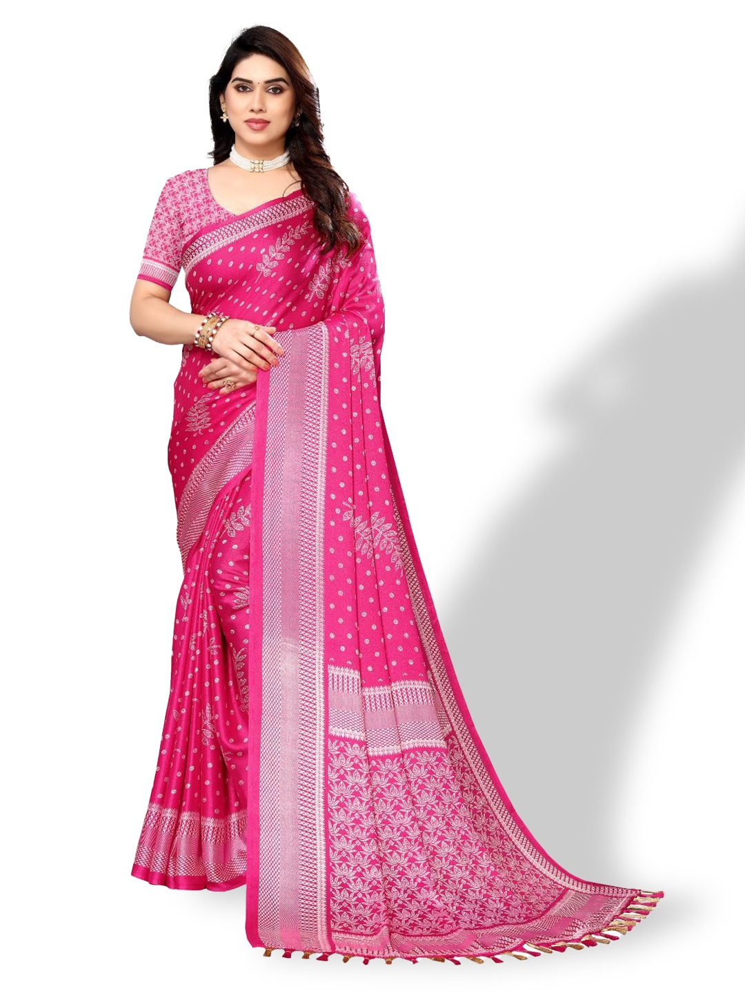 

FABMORA Floral Printed Pure Chiffon Saree, Pink