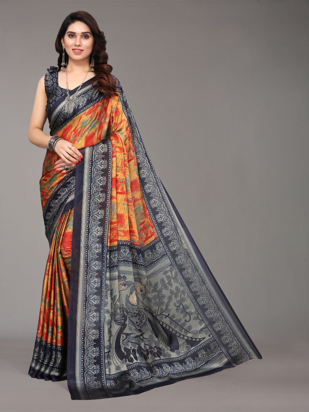

FABMORA Abstract Printed Poly Chiffon Saree, Navy blue