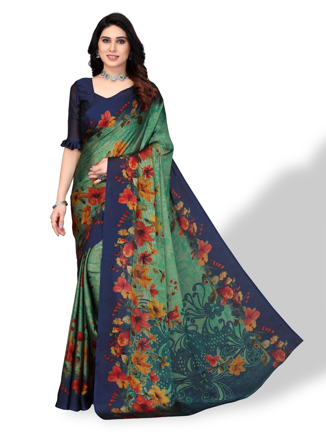 

FABMORA Floral Printed Poly Chiffon Saree, Navy blue