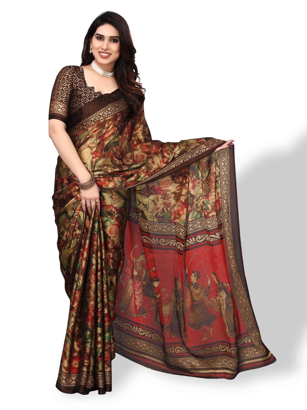 

FABMORA Abstarct Printed Poly Chiffon Saree, Brown
