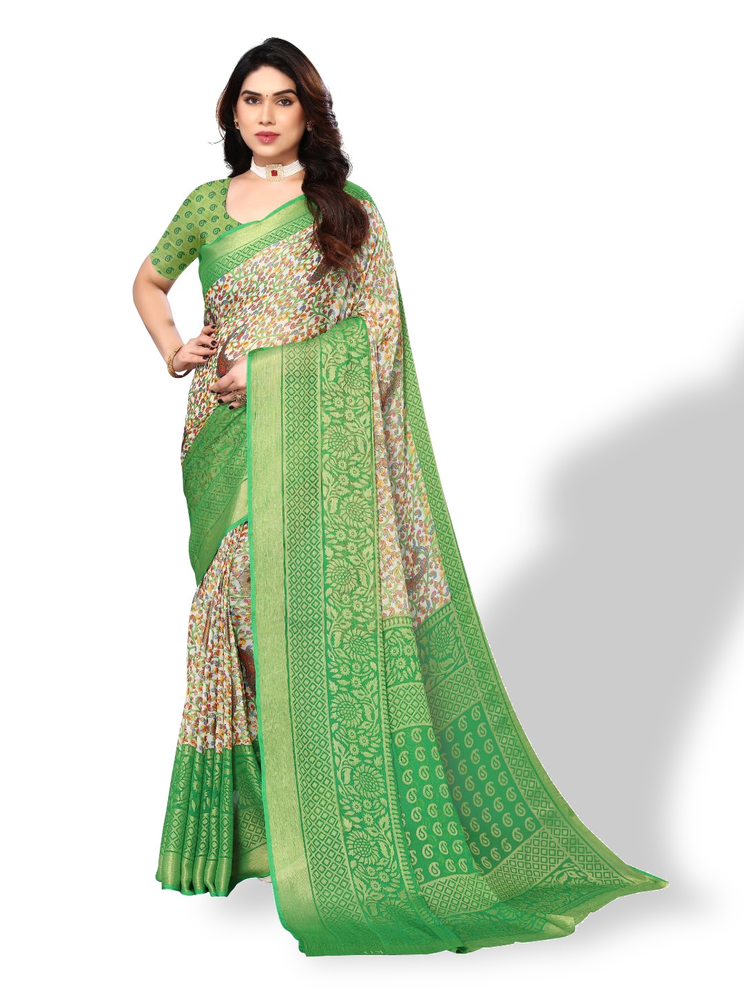 

FABMORA Floral Printed Pure Chiffon Saree, Green