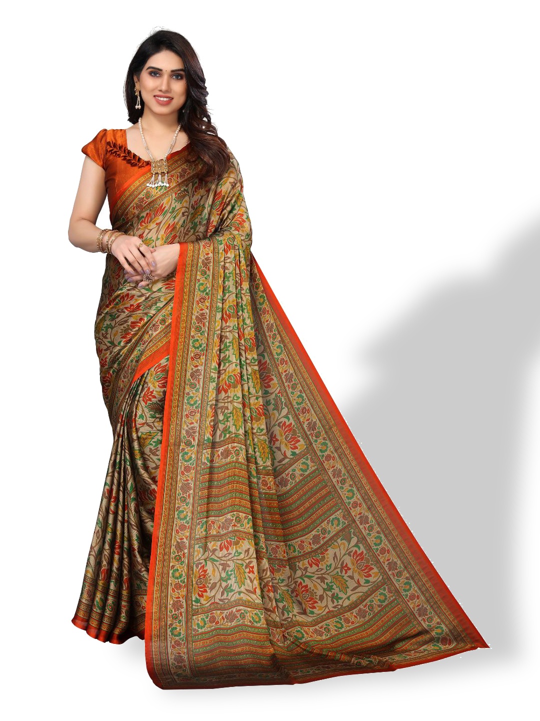 

FABMORA Floral Printed Poly Chiffon Saree, Rust