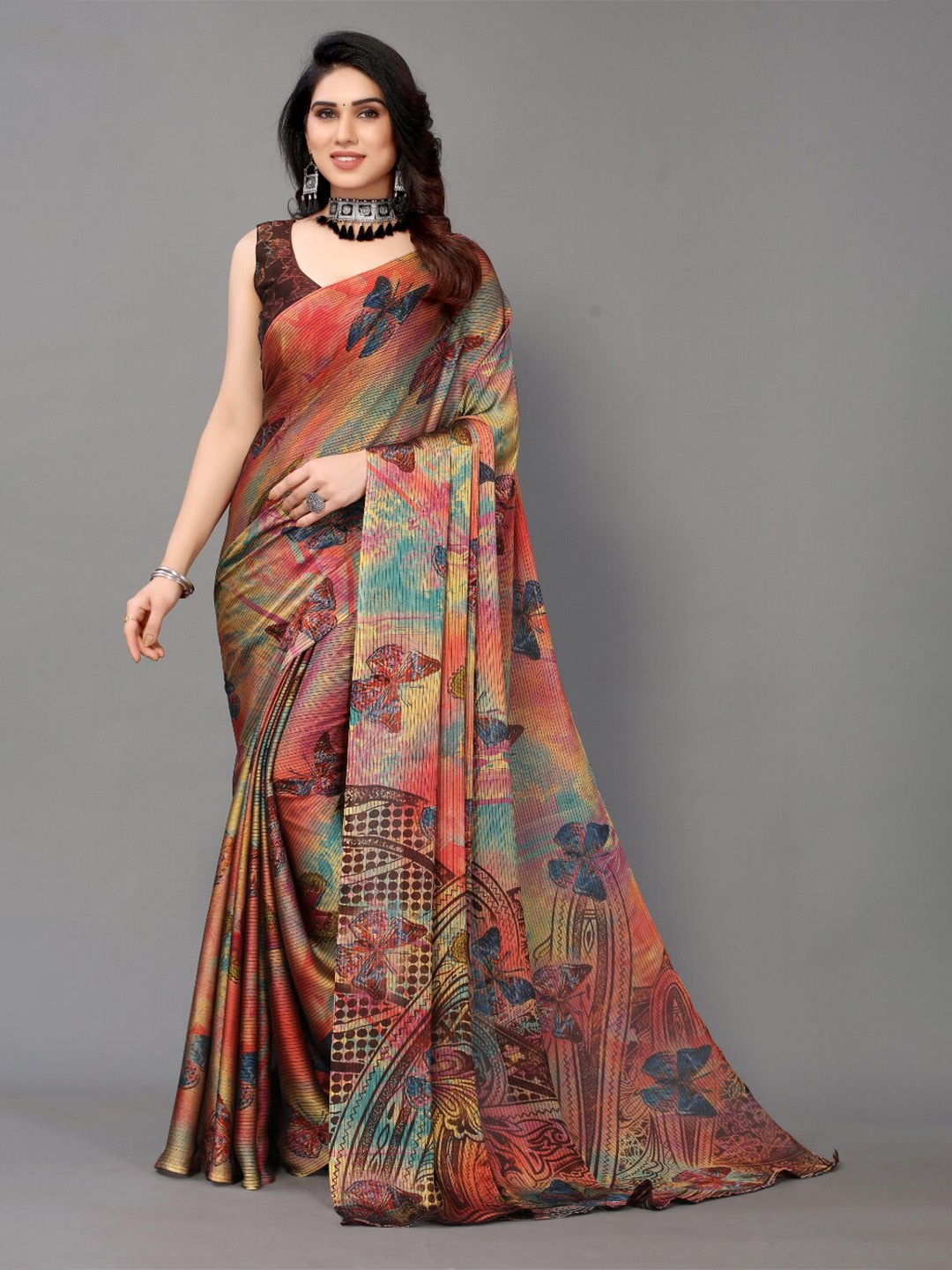

FABMORA Abstract Printed Poly Chiffon Saree, Coffee brown