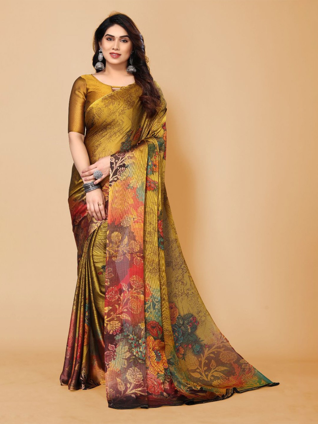 

FABMORA Floral Printed Poly Chiffon Saree, Green