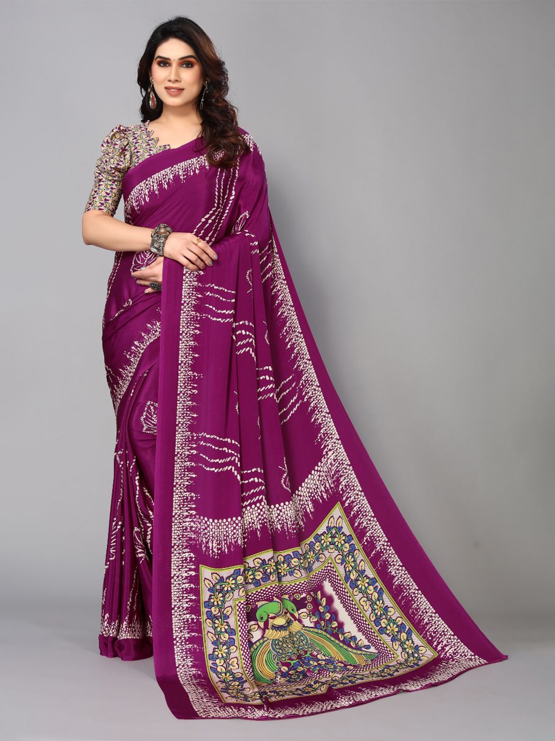 

FABMORA Floral Printed Pure Crepe Saree, Purple