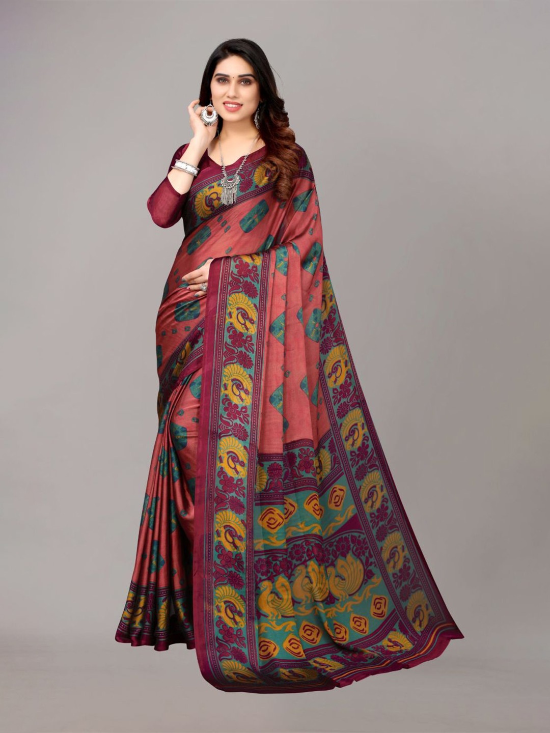 

FABMORA Geometric Printed Poly Chiffon Saree, Pink