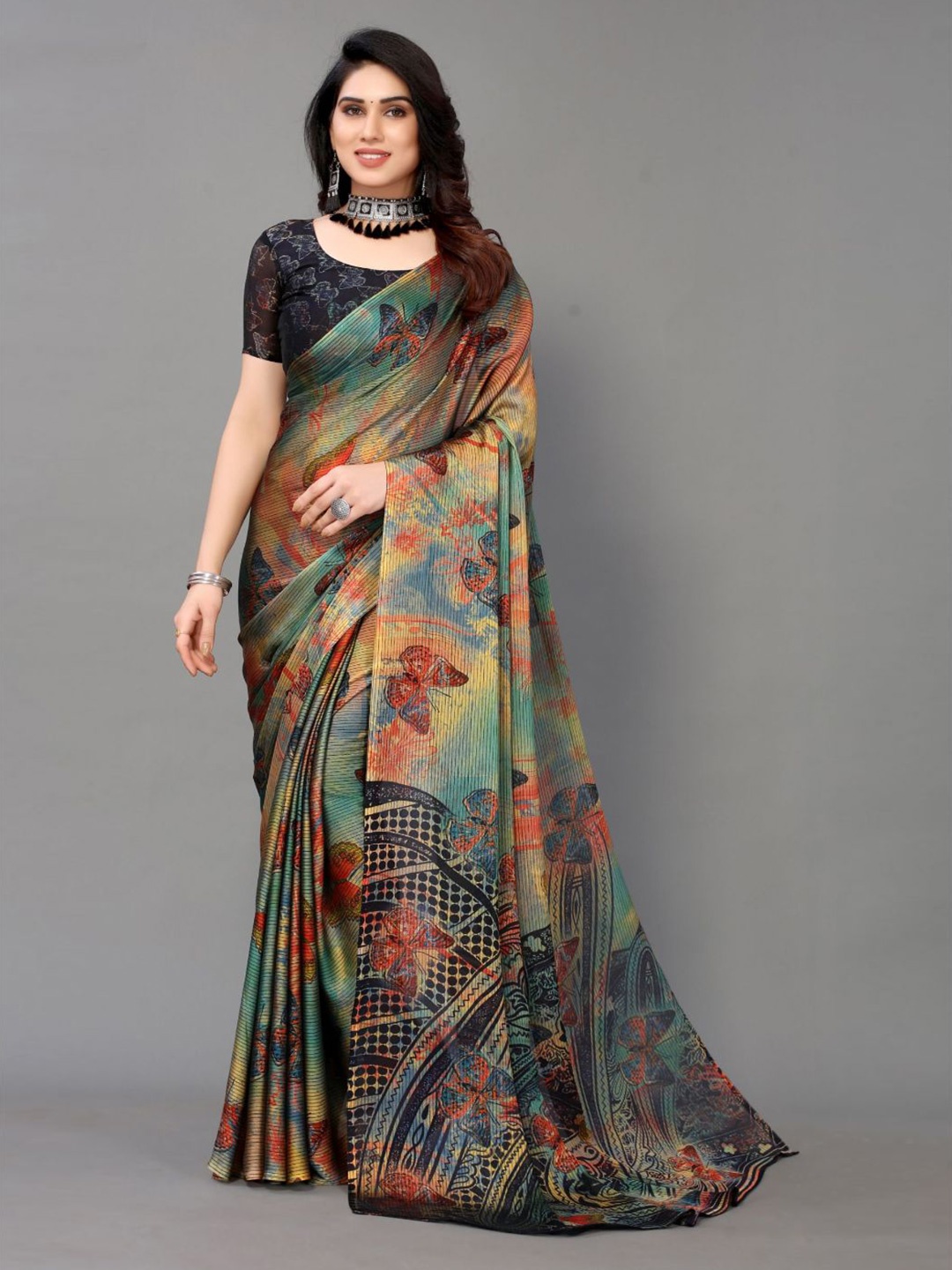

FABMORA Printed Poly Chiffon Saree, Black