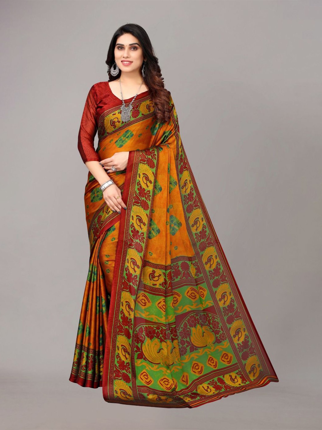 

FABMORA Geometric Printed Poly Chiffon Saree, Orange