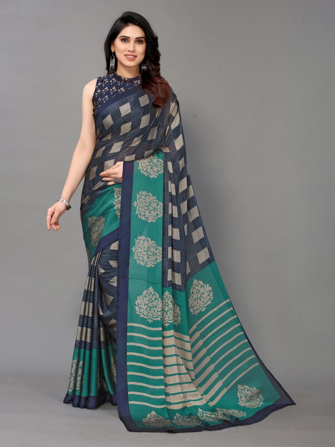 

FABMORA Geometric Printed Poly Chiffon Saree, Blue