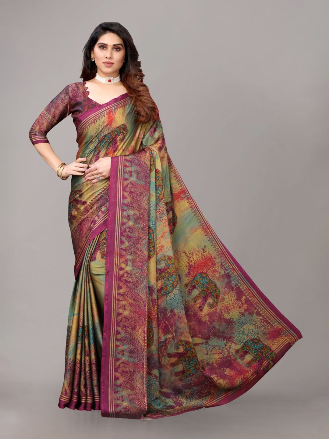 

FABMORA Ethnic Motifs Printed Poly Chiffon Saree, Purple