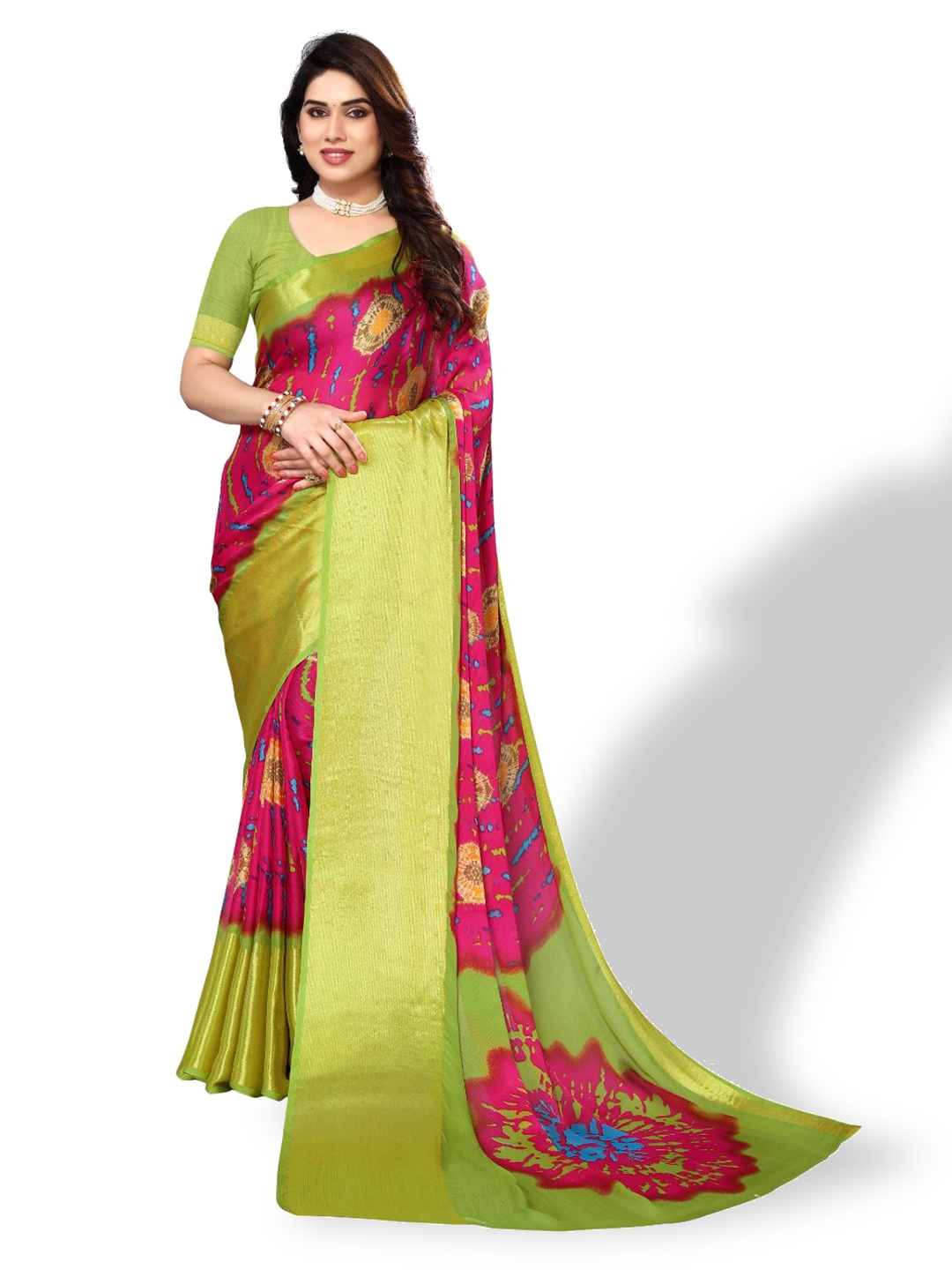 

FABMORA Abstract Printed Zari Pure Chiffon Saree, Pink
