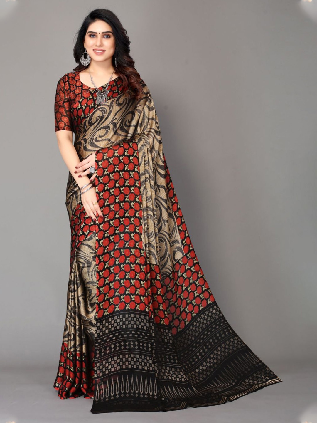 

FABMORA Ethnnic Motif Printed Saree, Red