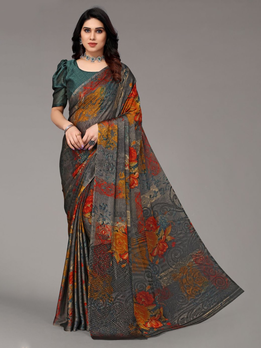 

FABMORA Floral Printed Saree, Grey