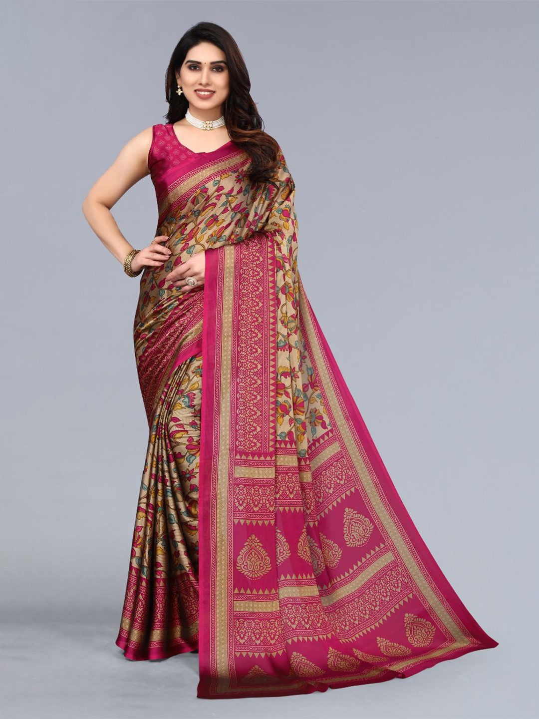 

FABMORA Floral Printed Poly Chiffon Saree, Pink
