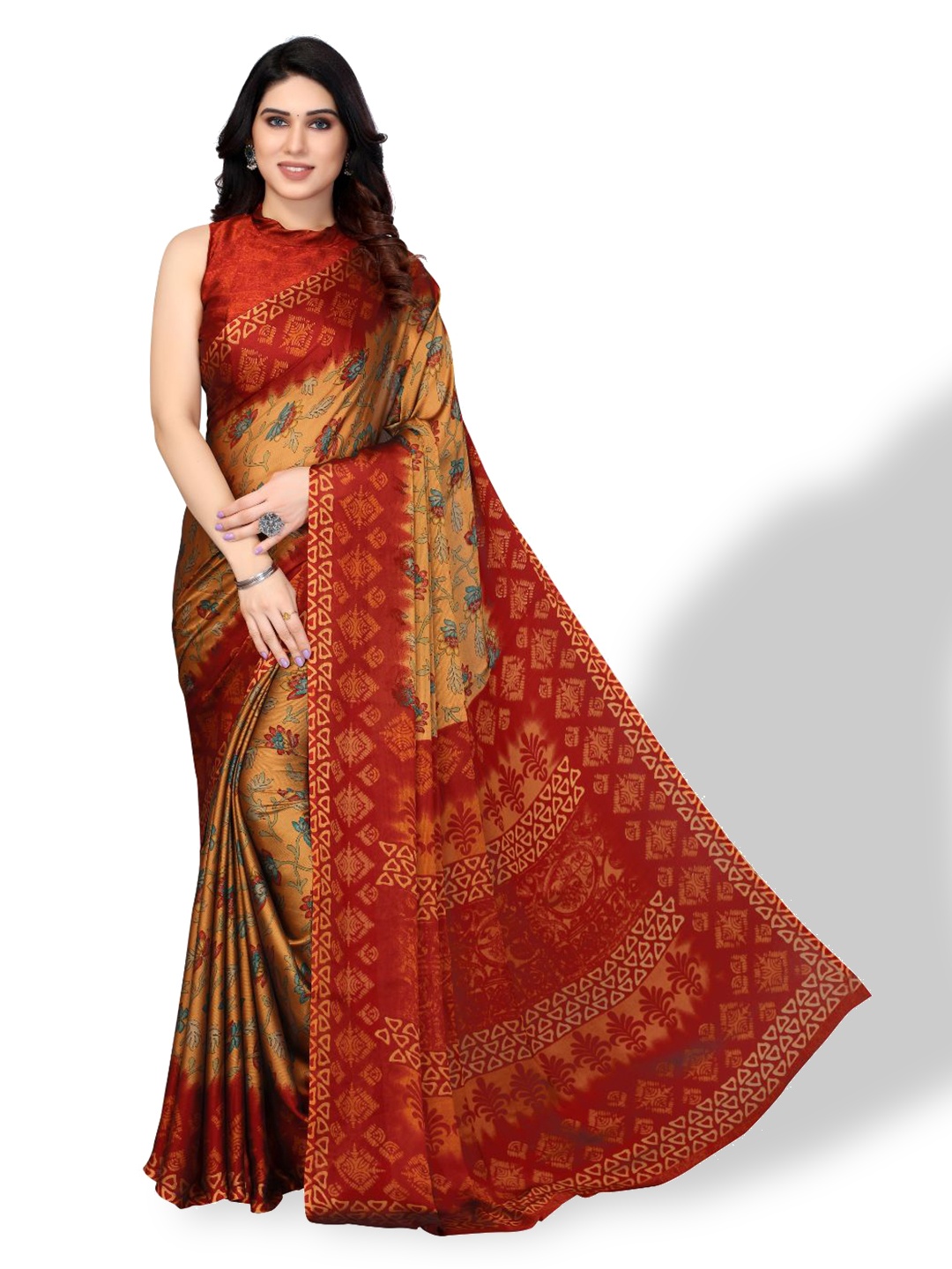 

FABMORA Floral Printed Poly Chiffon Saree, Peach