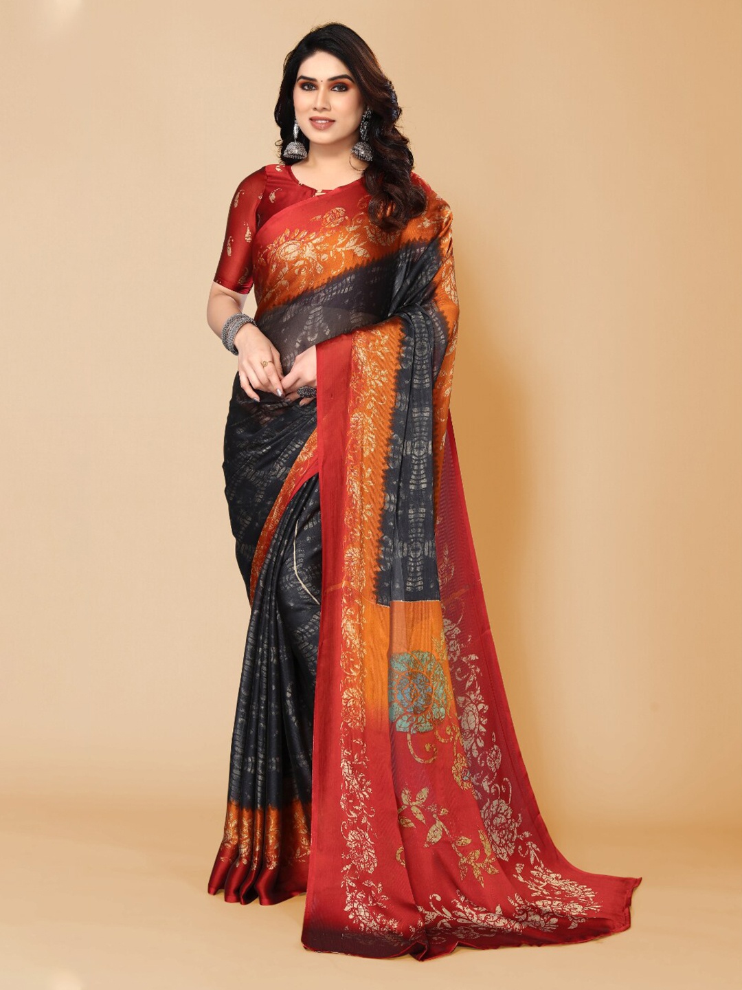 

FABMORA Ethnic Motifs Printed Poly Chiffon Saree, Black