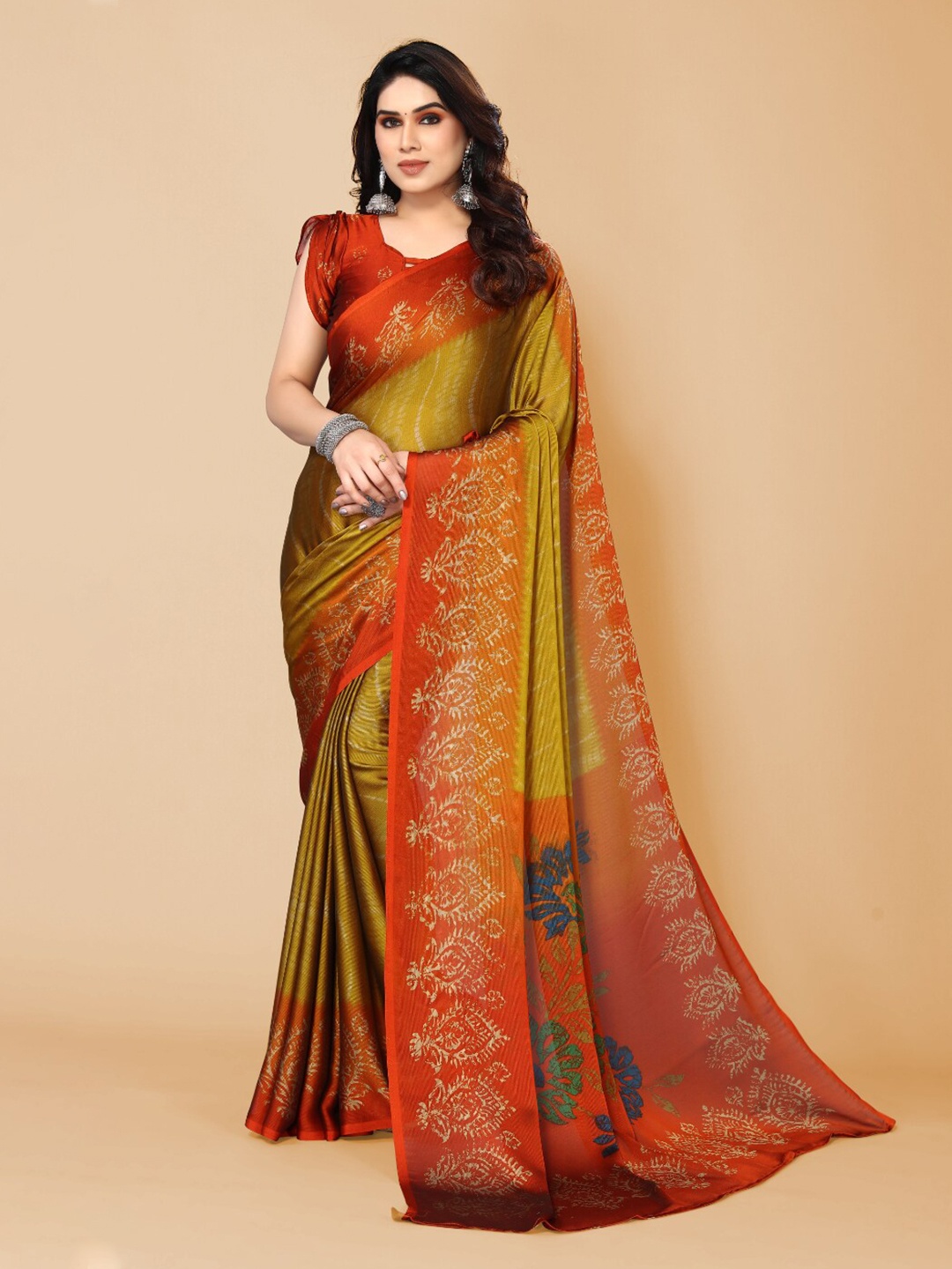 

FABMORA Floral Printed Poly Chiffon Saree, Rust