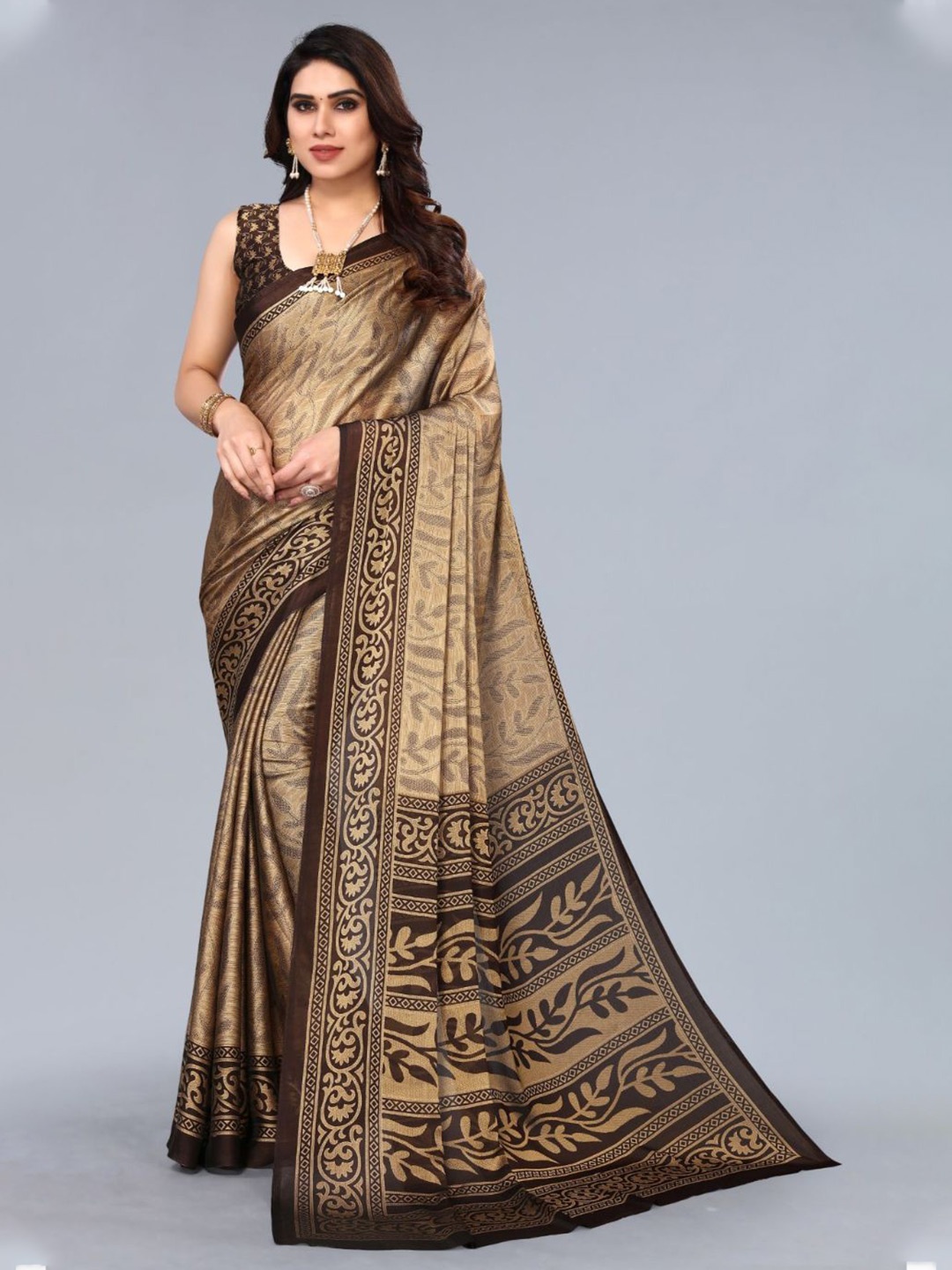

FABMORA Floral Poly Chiffon Saree, Brown