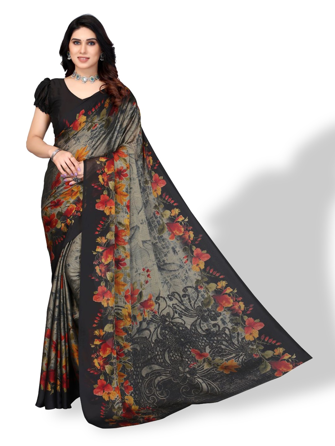 

FABMORA Floral Poly Chiffon Saree, Black