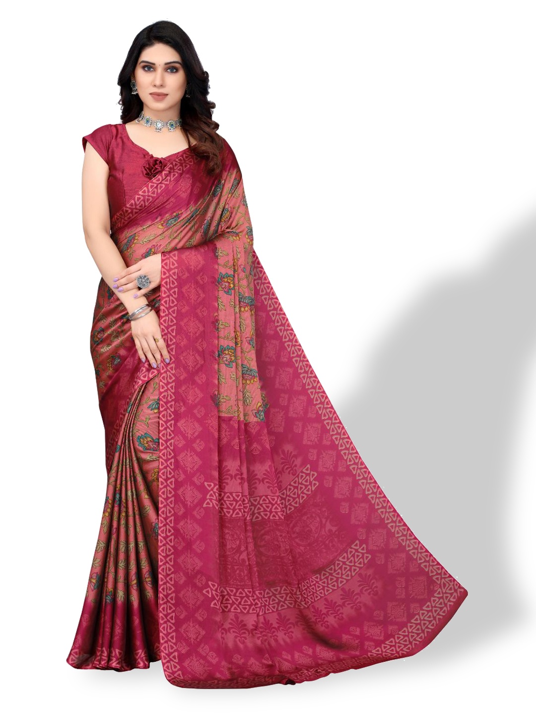 

FABMORA Floral Poly Chiffon Saree, Pink