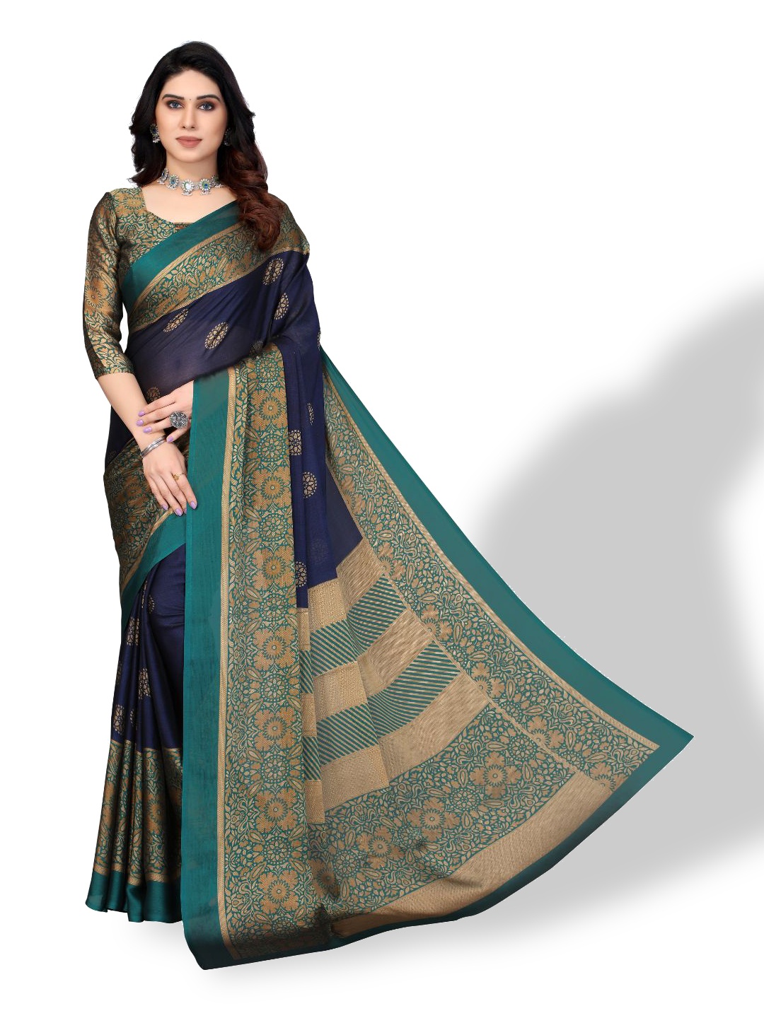 

FABMORA Ethnic Motifs Poly Chiffon Saree, Navy blue