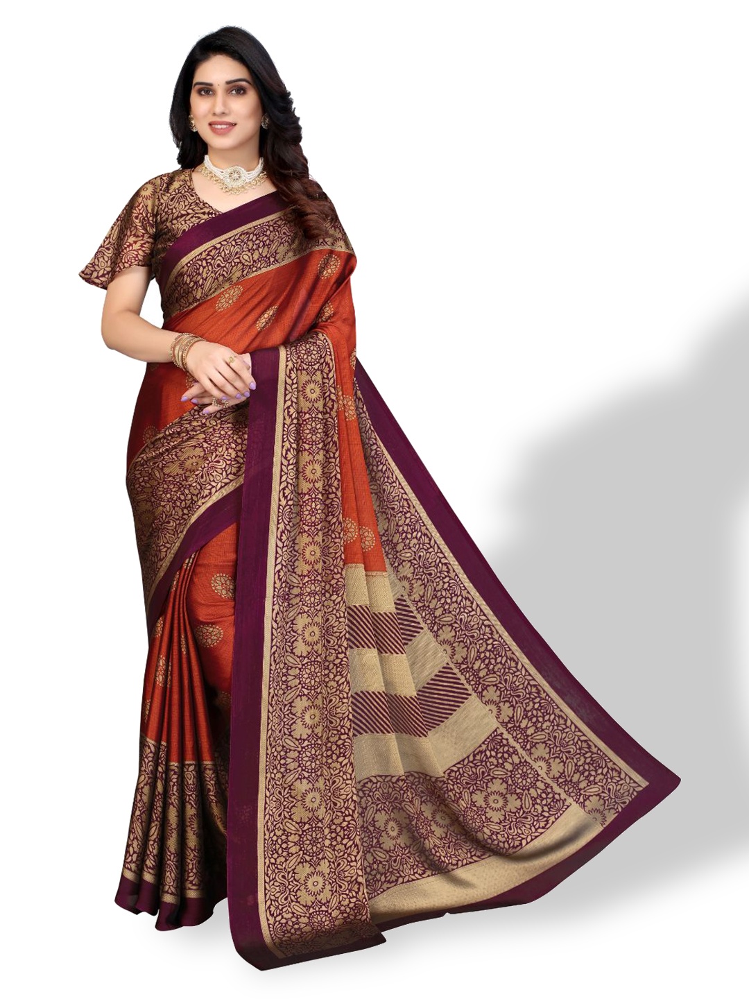 

FABMORA Ethnic Motifs Poly Chiffon Saree, Orange