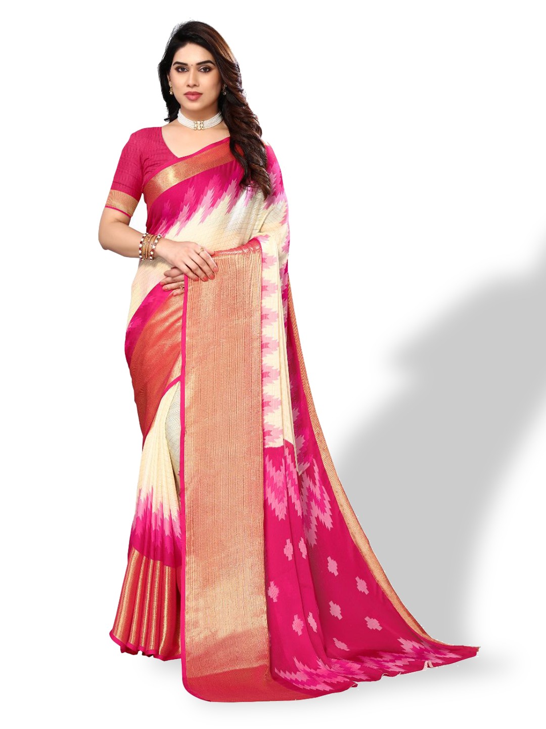 

FABMORA Woven Design Geometric Zari Pure Chiffon Saree, Pink
