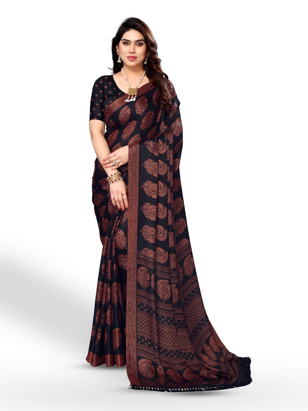 

FABMORA Paisley Pure Chiffon Saree, Black