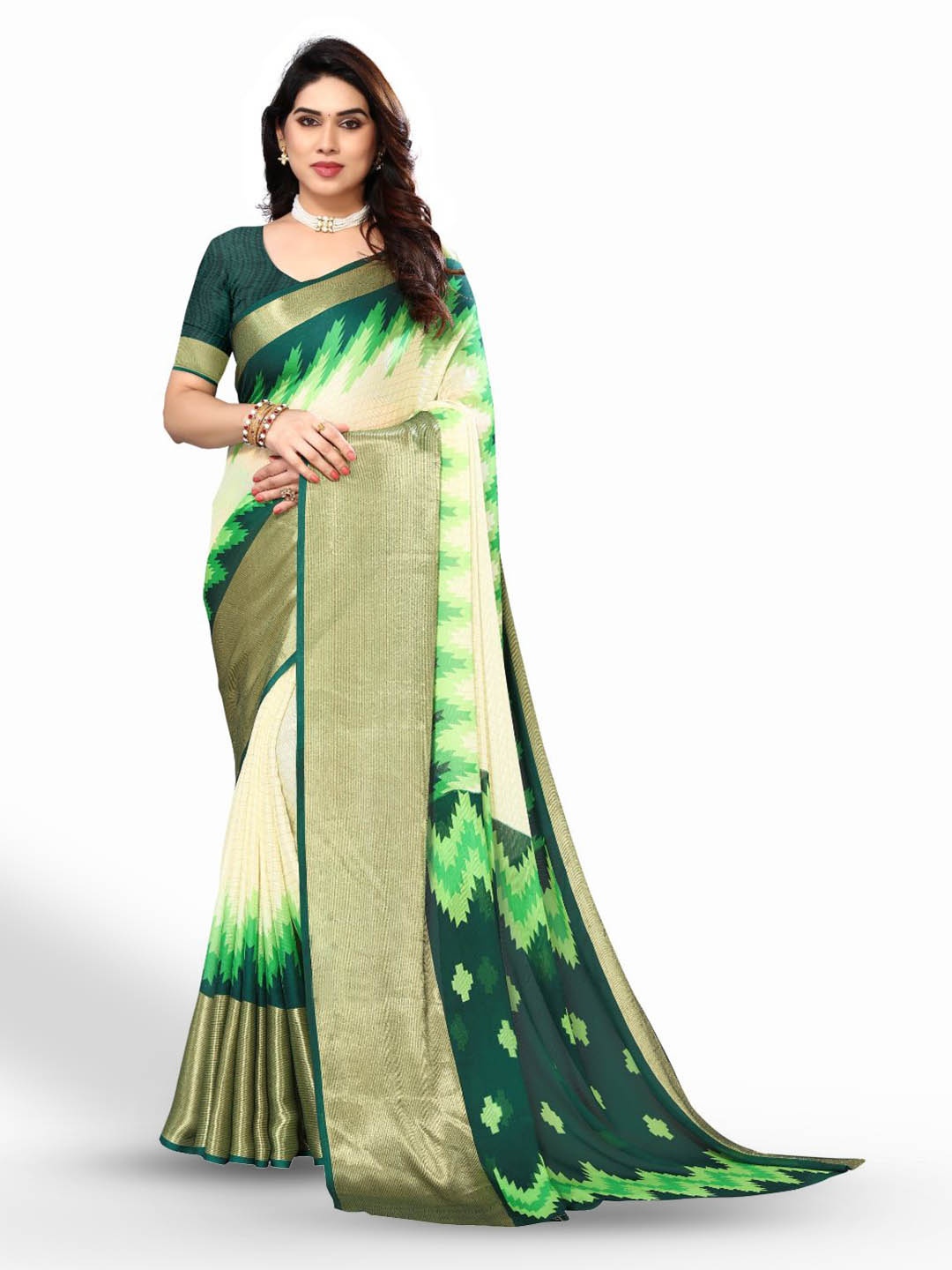 

FABMORA Woven Design Zari Pure Chiffon Saree, Green