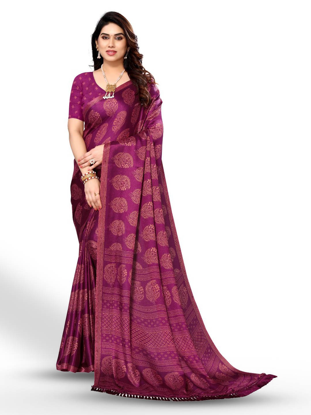 

FABMORA Ethnic Motifs Printed Pure Chiffon Saree, Purple
