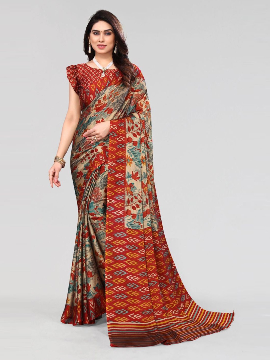 

FABMORA Floral Printed Poly Chiffon Saree, Maroon