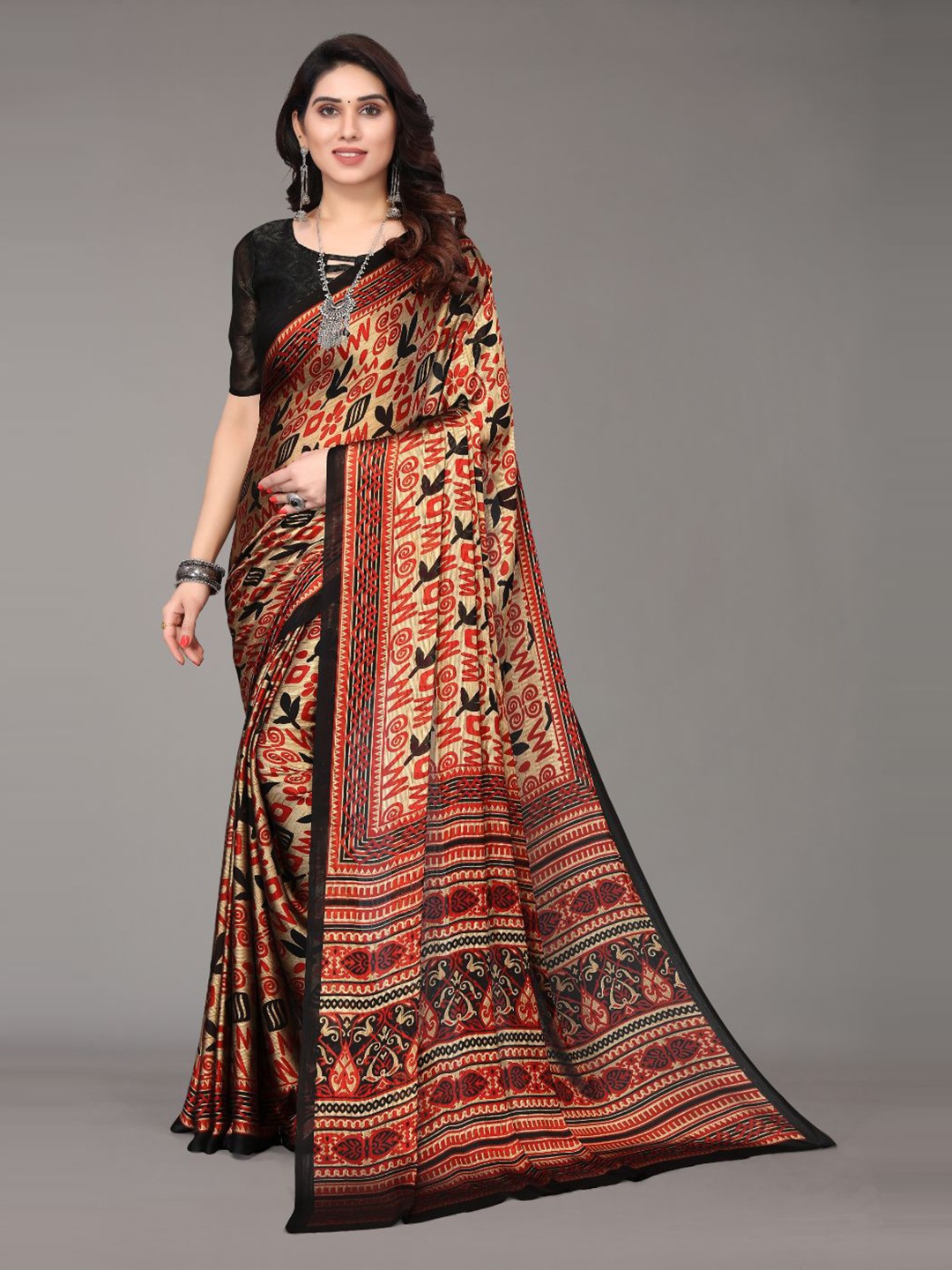 

FABMORA Floral Printed Poly Chiffon Saree, Black